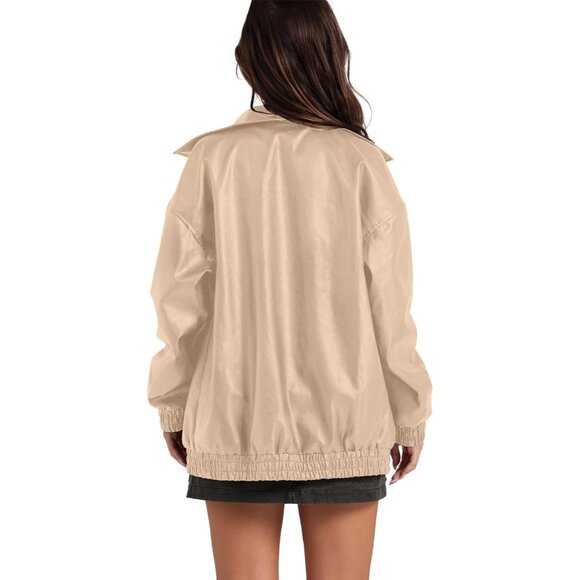 Women Faux Leather Jacket Oversized Apricot Bomber Coat Fall Winter Outfits - Picture 3 of 3